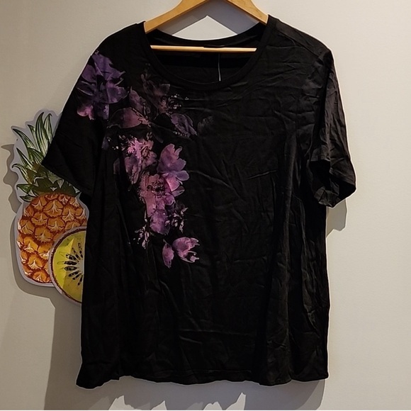 TORRID Abbey Soft Stretch Challis Top, Deep Black with Purple & Pink Floral - Picture 2 of 6